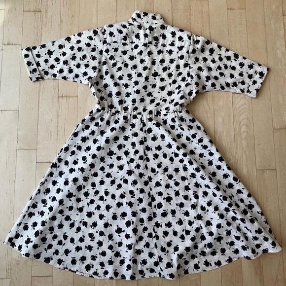 Vintage 70s 80s Petites by Willi Cotton Shirtwaist Dress Black/Ivory Floral Sz 8 - Picture 2 of 15